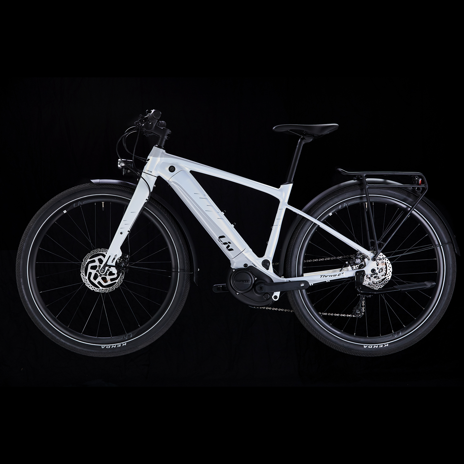 Thrive E+ EX Pro white frame E-bike against black background