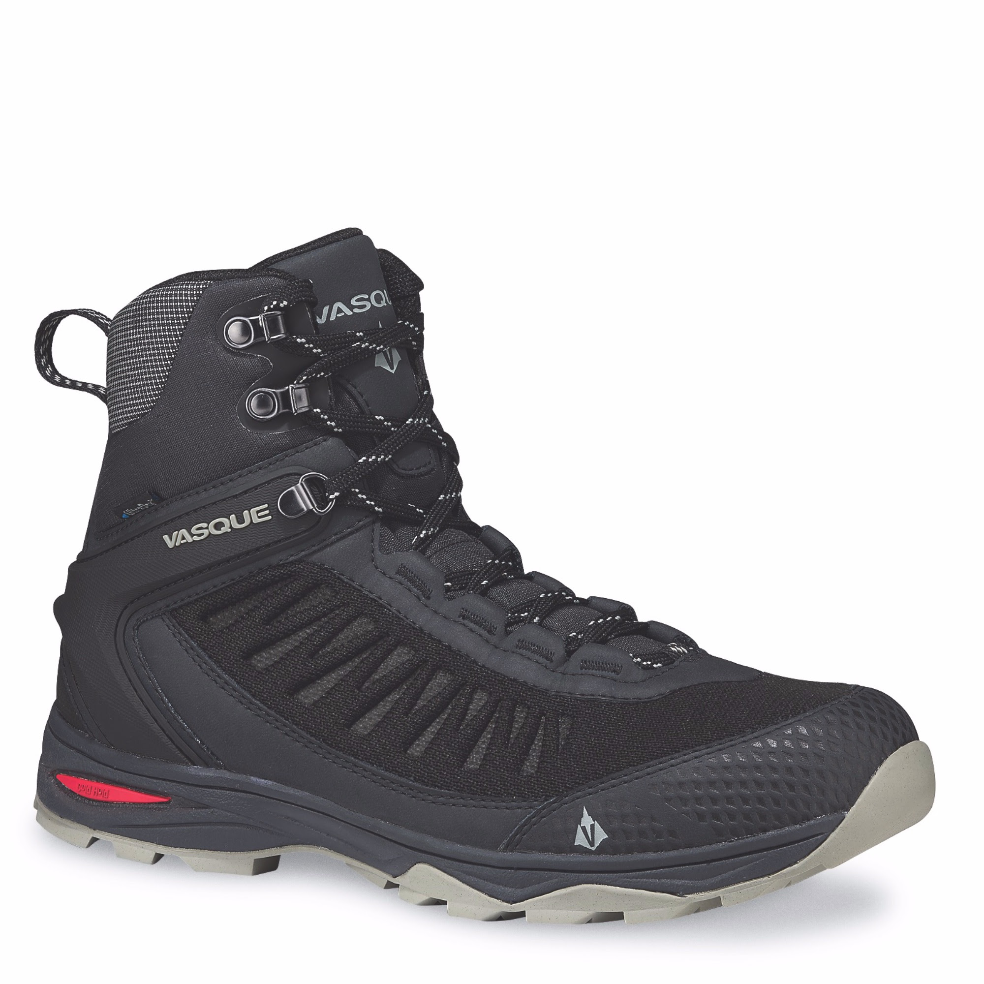 Black winterized Vasque Boots against white background