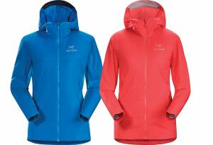 Arc'teryx women's Atom SL Hoody in red and blue with hoods up against white background