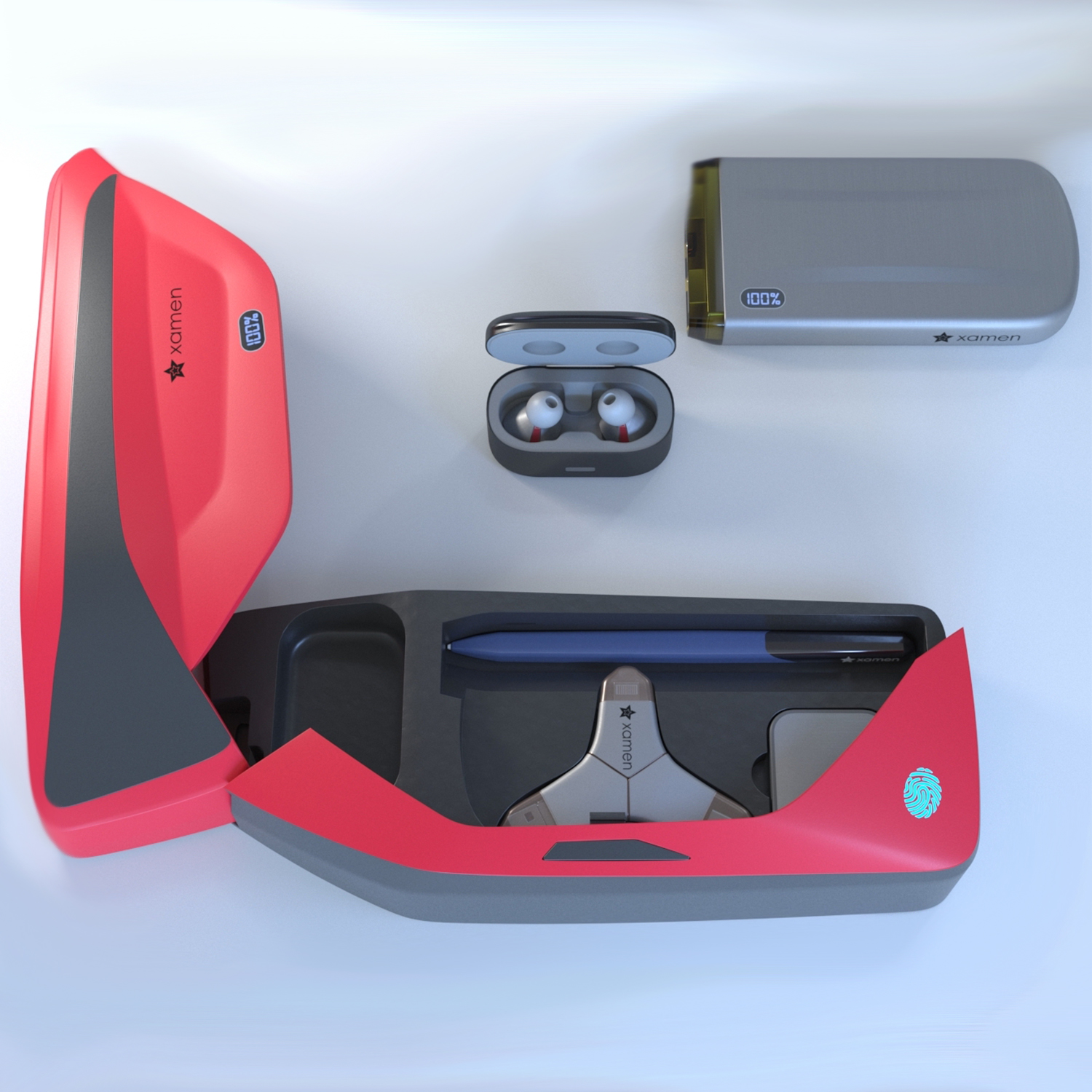 Xamen Tech Box with ear bugs, charging bank, multi tool, and pen