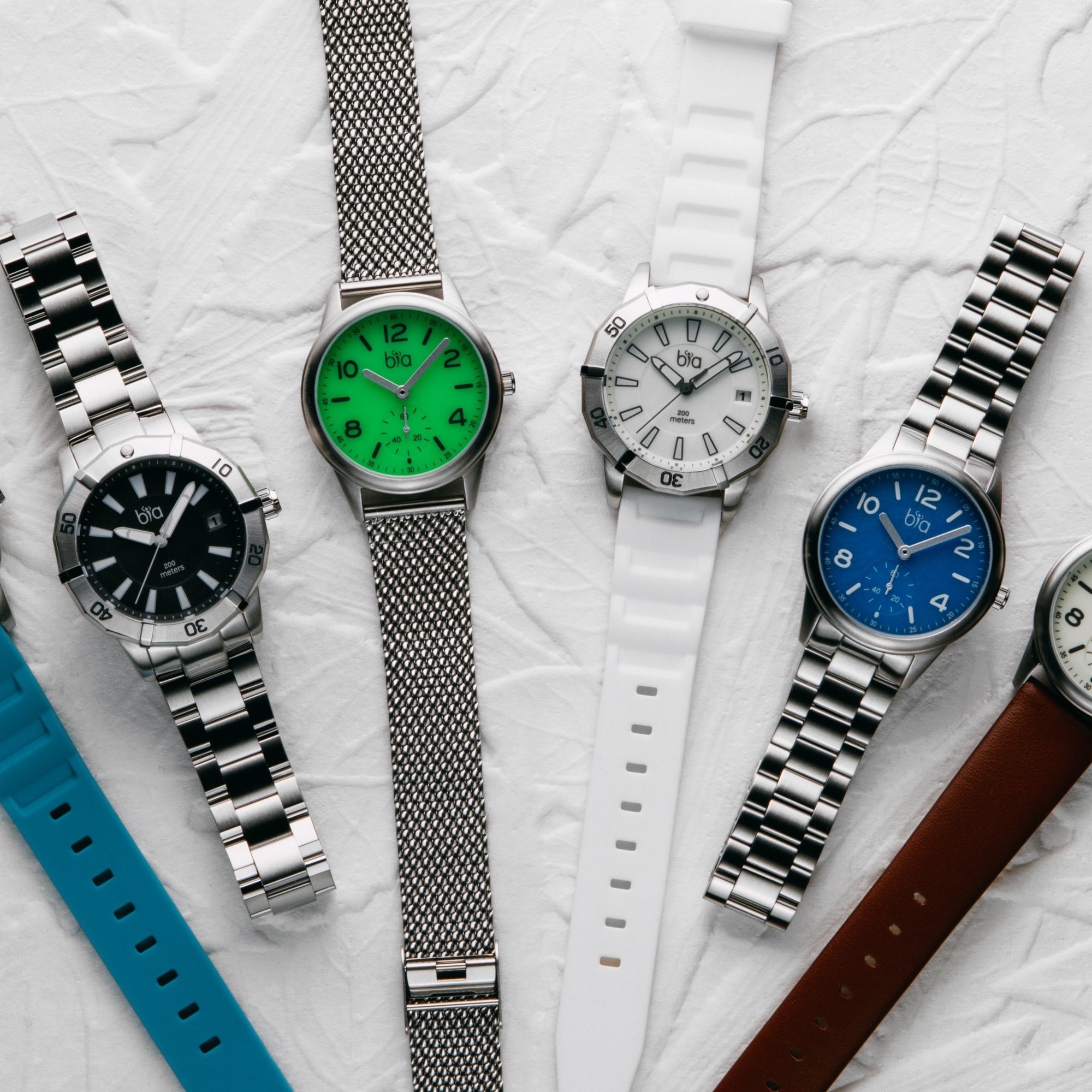 6 styles of Bia Watches fanned out on white surface