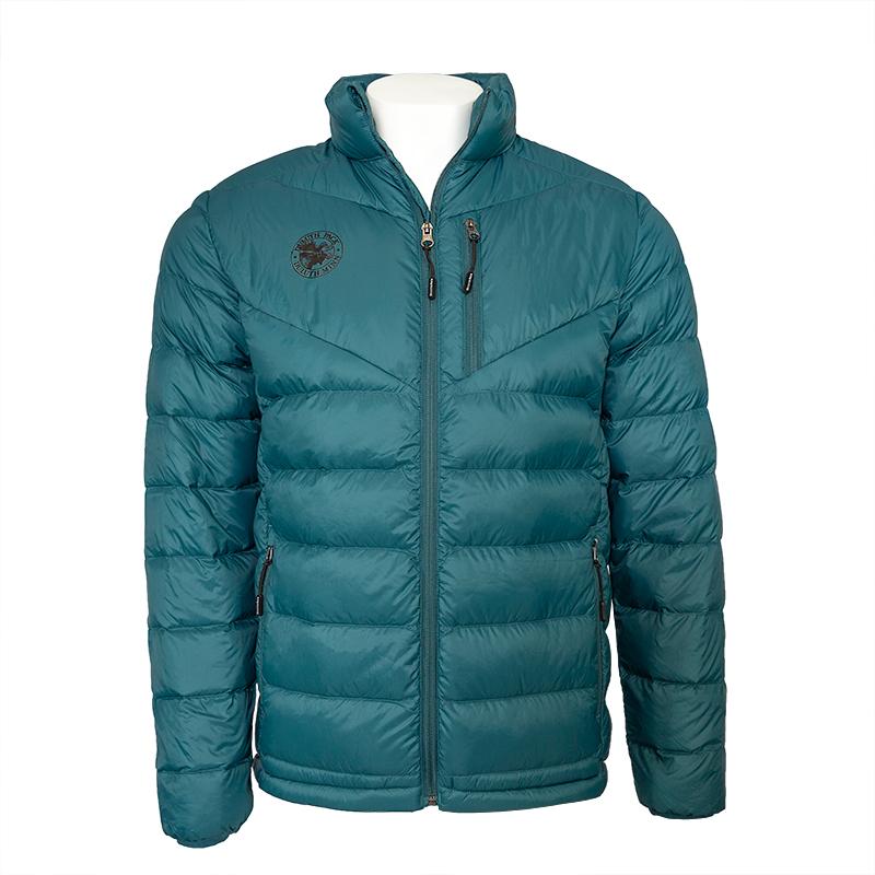 Duluth packs Down Jacket in aqua blue on mannequin against white background
