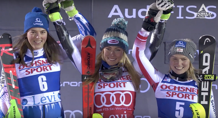Mikaela Shiffrin on the podium at World Cup in Levi Finland with 2nd and 3rd place finishers