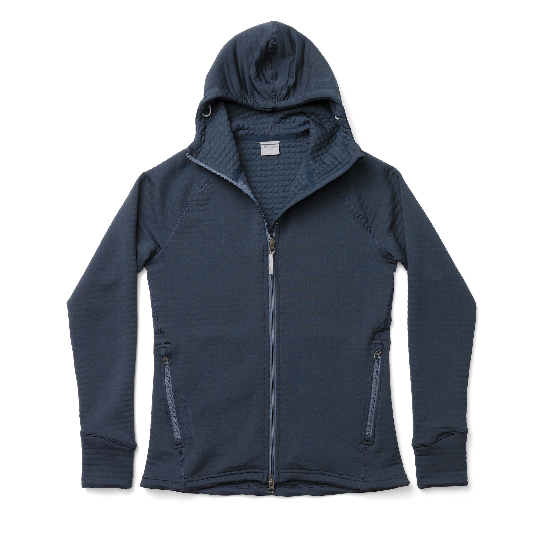 Houdini Power Air Houdi fleece hoody zip up against white background