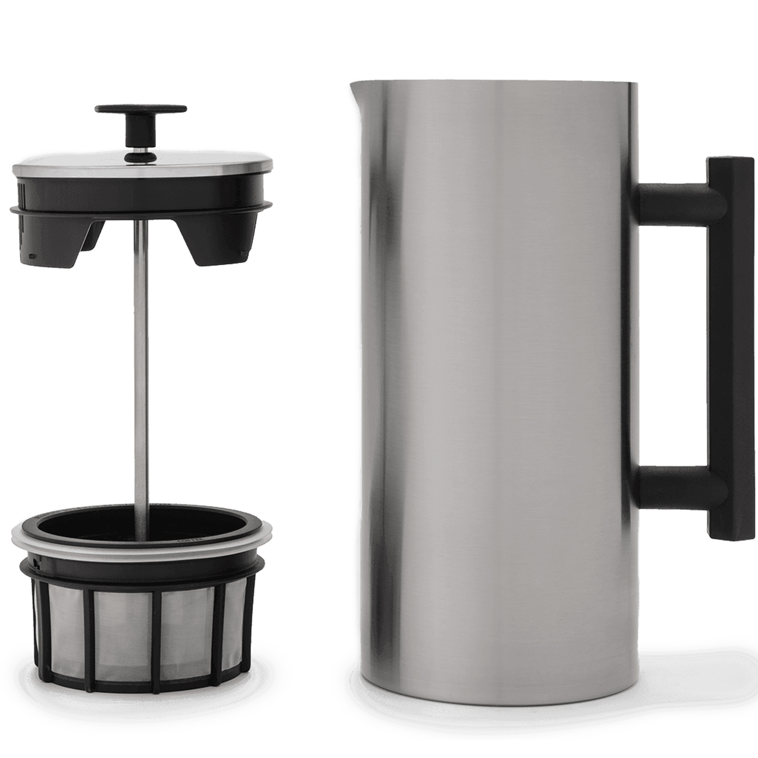 Espro french press p6 stainless steel and black against white background