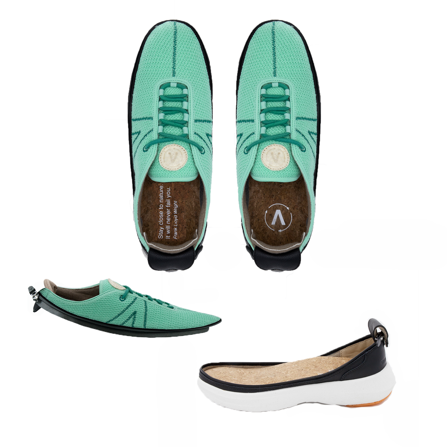 Birds eye and profile view of ACBC Made2Share Modular shoes against white background