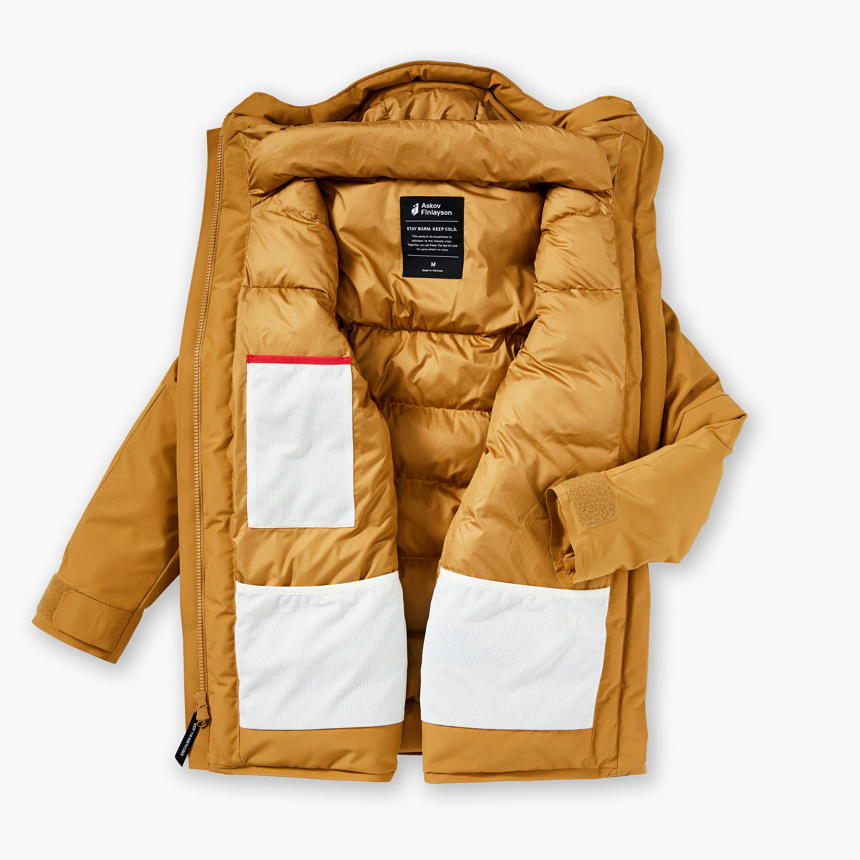 Askov Finlayson Parka in mustard with jacket open against white background