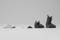 Recycle This Shoe: Salomon's Footwear Program Makes It Possible evolution of Salomon Concept shoe: from undyed shoe to recycled pellets to recycled plastic made into a ski boot