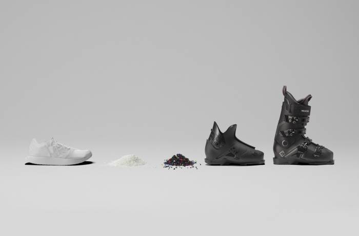 evolution of Salomon Concept shoe: from undyed shoe to recycled pellets to recycled plastic made into a ski boot