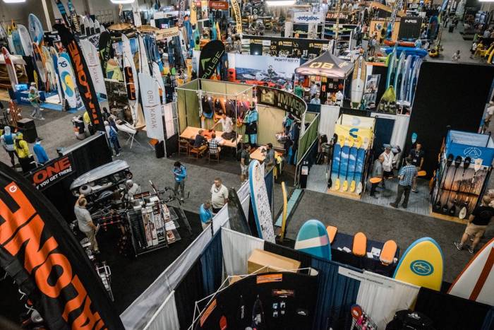 trade show floor displaying gear at Paddlesports Retailer