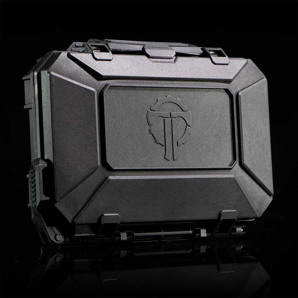 DarkVault case closed and locked photographed against black background