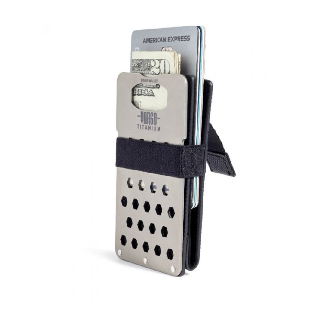 slim Vargo Titanium Hinge Wallet with three cards and folded cash