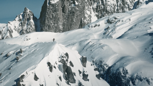 drone footage of skier Sam Favret standing atop peak