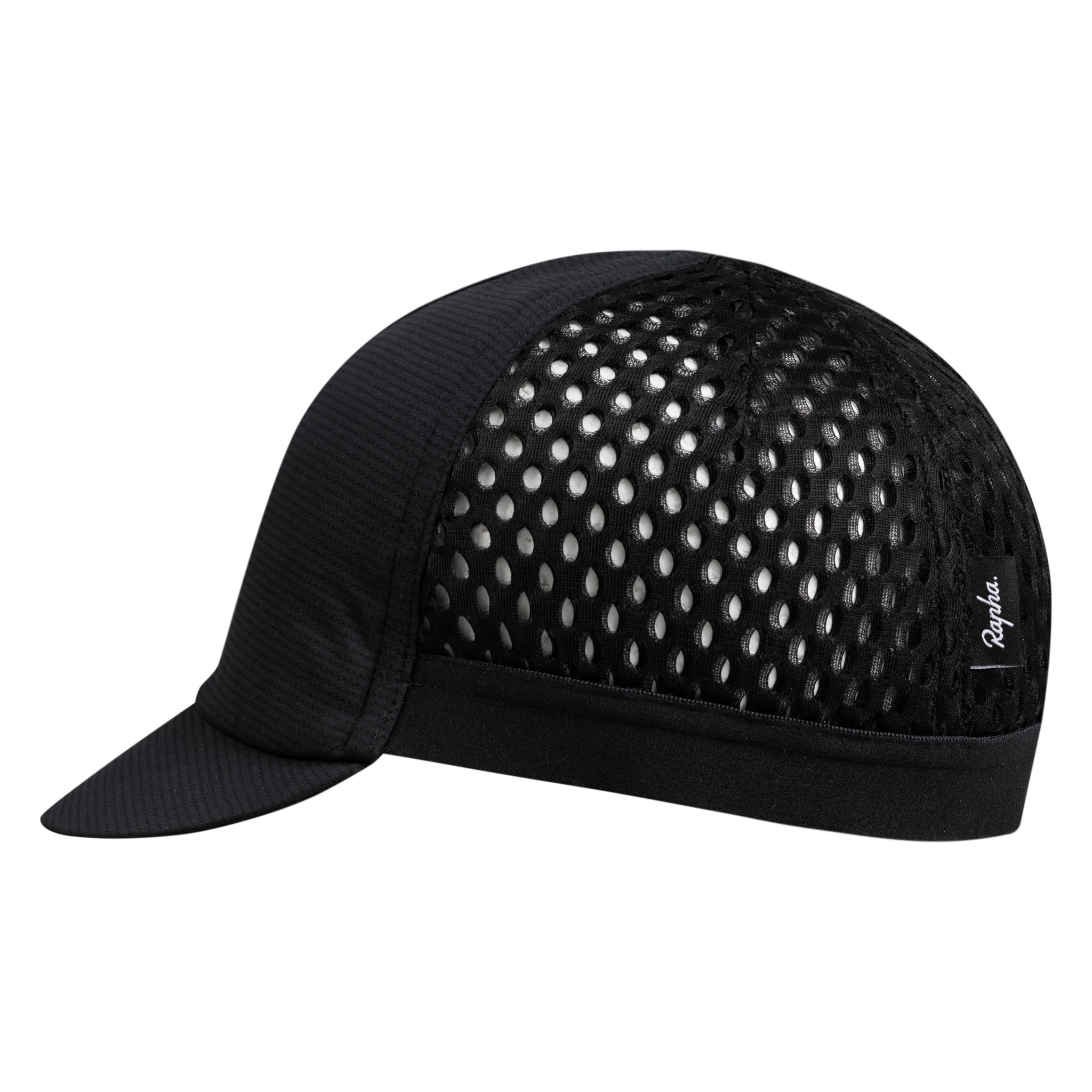 side profile of Rapha indoor training cap with mesh holes in black