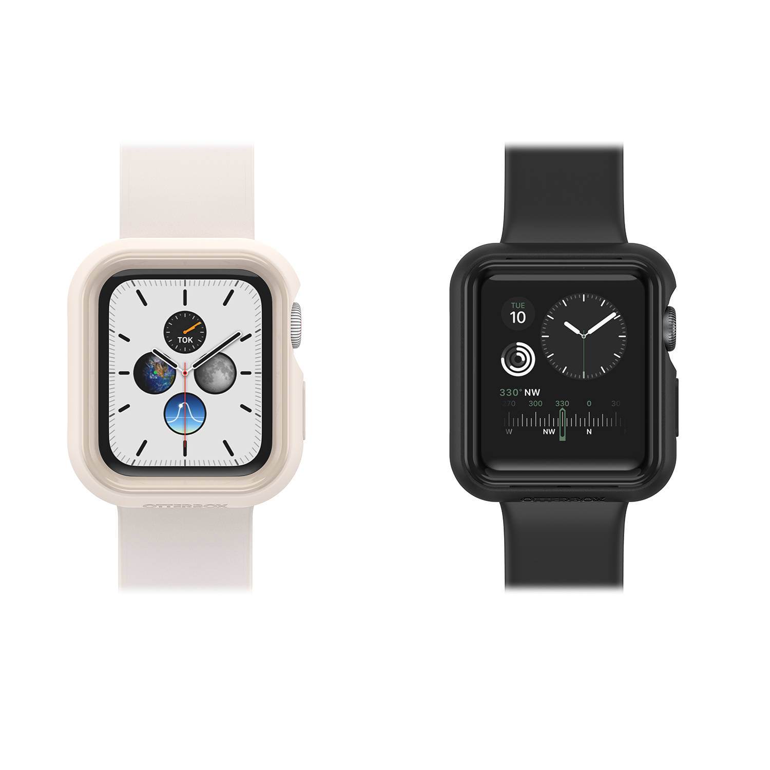 two watches, one analog display watch with a white Otterbox Apple Watch case and one watch with a time and date display in a black Otterbox case