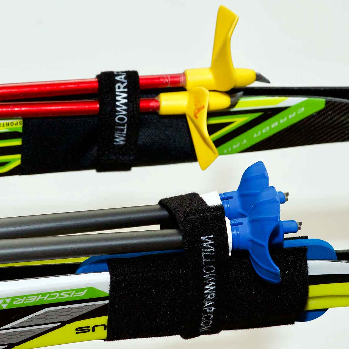 close up of Willow Wrap ski tie securing ski tails and poles together