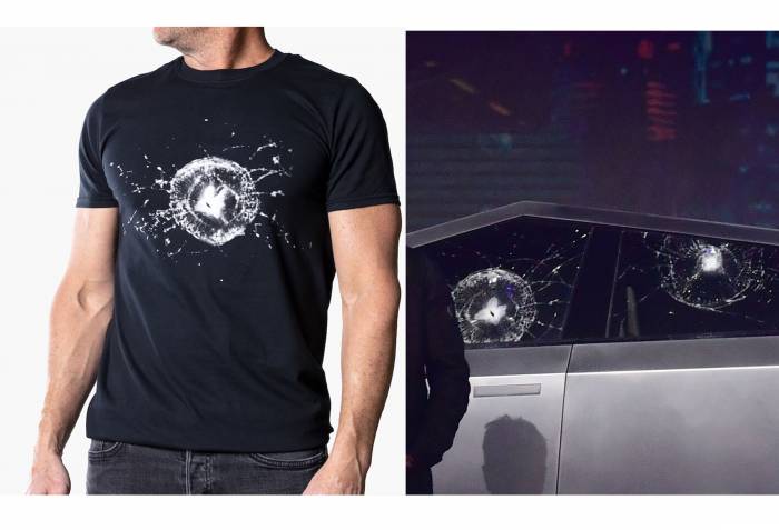 man wearing shortsleeved cybertruck tee with shattered glass (left) and broken glass on cybertruck model (right)
