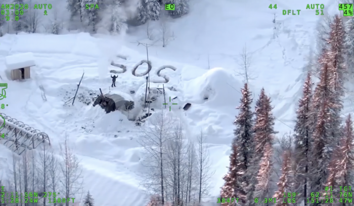 screenshot of view out of helicopter on SOS rescue by Alaska State Troopers