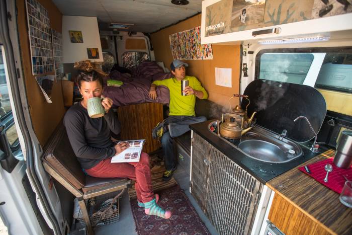 Climbers Sitting in Van Wearing Midweight Patagonia Capiliene Baselayers Vanlife