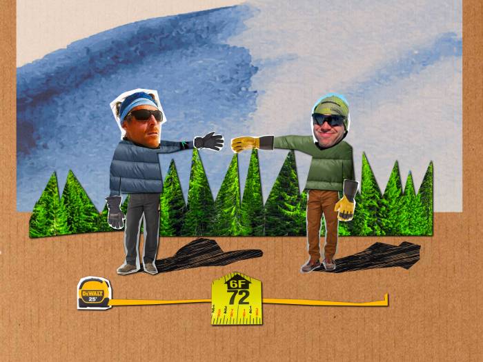 two cartoon male GearJunkie editors in puffy jackets with arms stretched out six feet