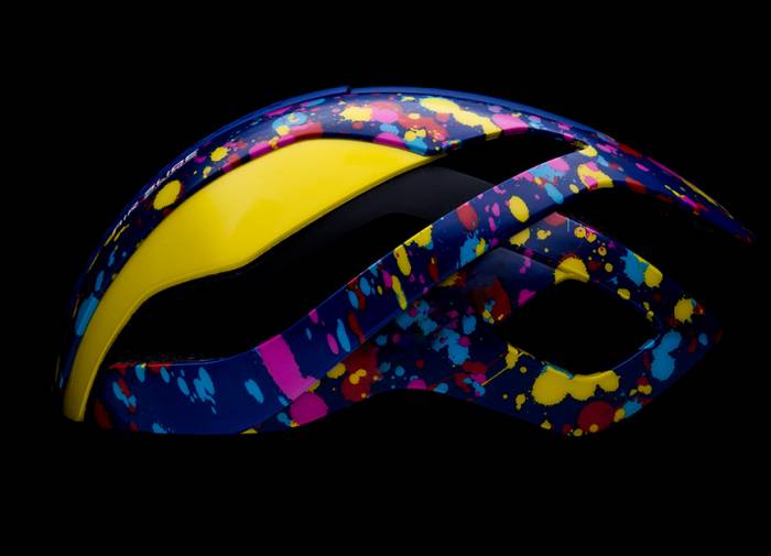 Lazer helmet splattered with colorful paint design