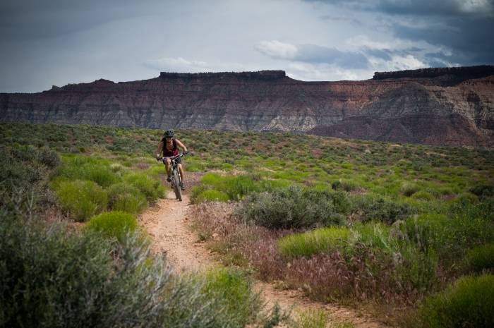Person Mountain biking in desert singletrack