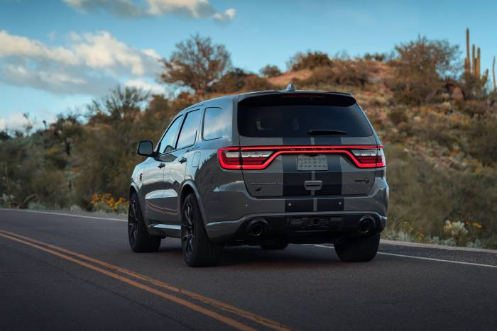 Dodge Durango SRT Hellcat: The exhaust system has been tuned to deliver the throaty, aggressive sound that lets bystanders know this three-row muscle car is something special and distinctly Dodge rear view durango srt hellcat