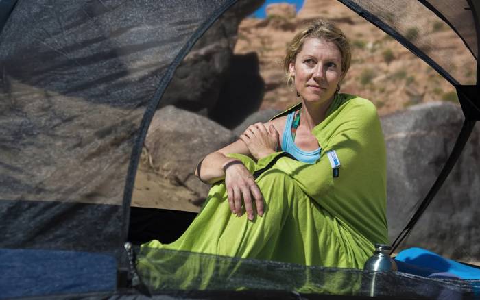 woman in sea to summit coolmax sleeping bag liner