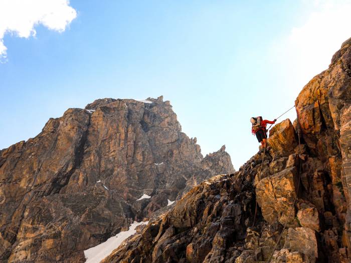The Grand Teton climbing into the lower saddle