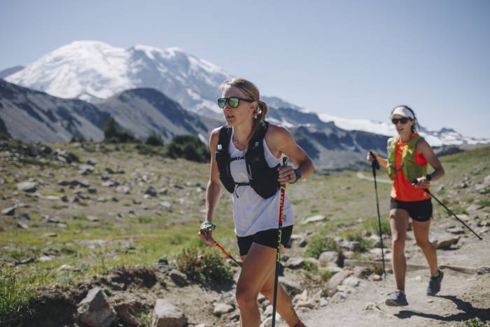 Kaytlyn Gerbin followed by another runner as she aims for FKT on the Wonderland Trail