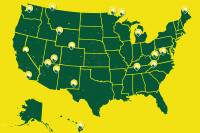 Nature Valley, National Parks Partner to Restore Trails green map of U.S. states against yellow background with pins at various national parks