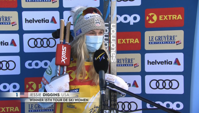 jessie diggins in mask on podium from Team USA Tour De Ski 2021