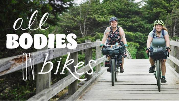 two women riding bikes over bridge, title reads "All Bodies on Bikes"