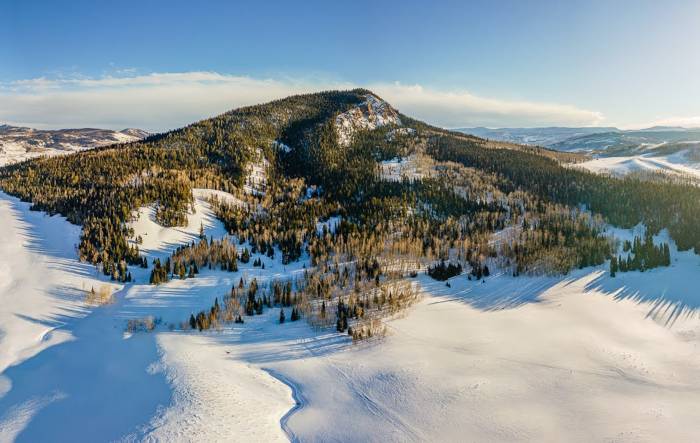 A view of pine tree and snow covered Bear mountain looking north