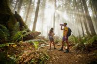 two hikers in shorts on a forest trail