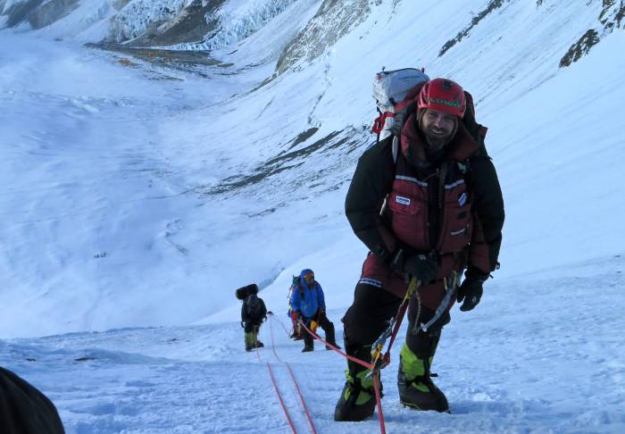 Jim Davidson in Lowa boots and helmet at 23,500 feet up on Everest