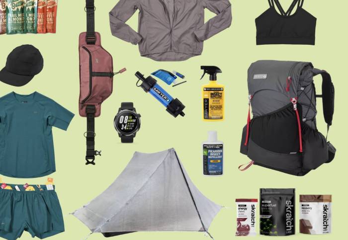 various camping gear, apparel, and nutrition items against green background