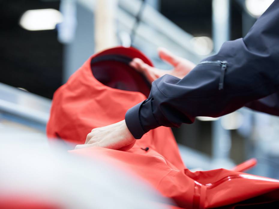 Arc'teryx Launches 'ReBird' Upcycled and Circular Gear Arc'teryx shell fabric being assembled