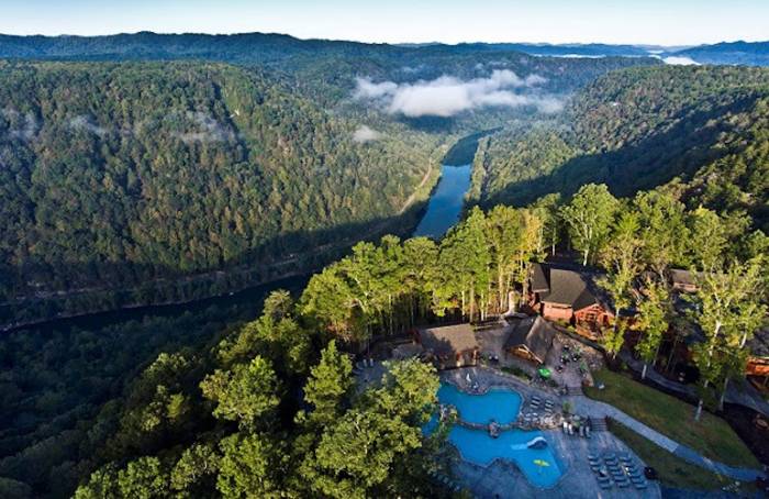 aerial view of lower river of the new river gorge, west virginia