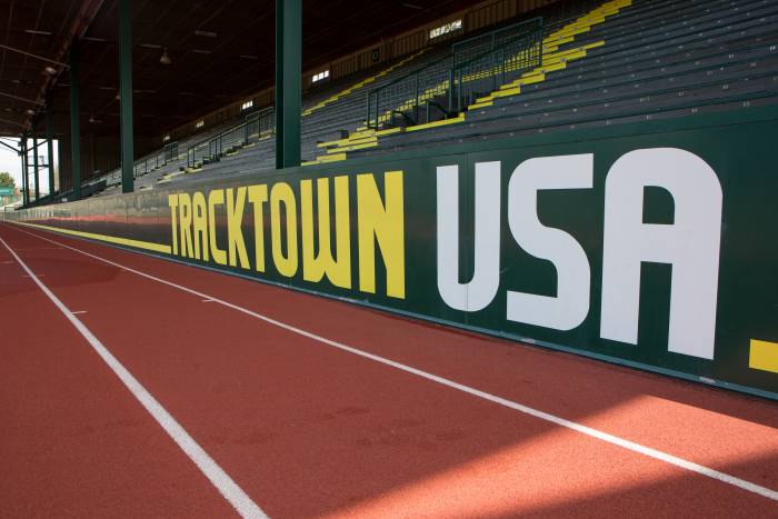 a burnt orange track with a sign that reads "tracktown USA"
