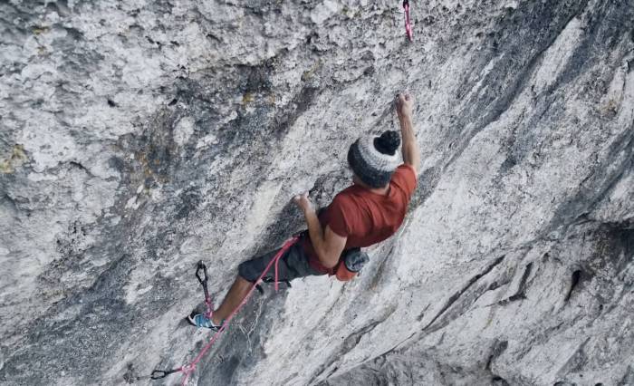 French climber seb bouin on hard route in France