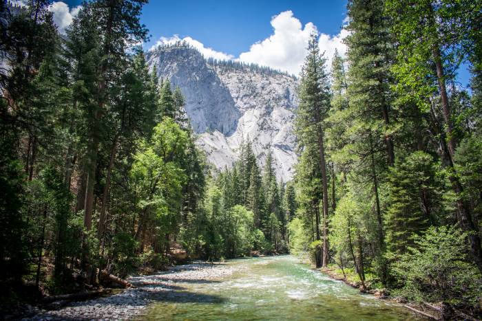 mist falls waterfall and low river in Kings Canyon National Park