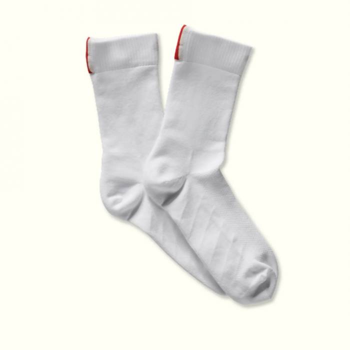 tracksmith speed crew socks in white with single stripe