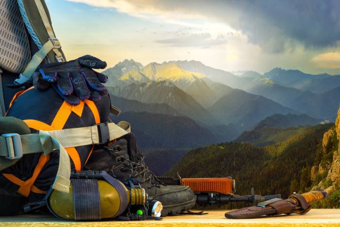 Used gear, mountain backdrop