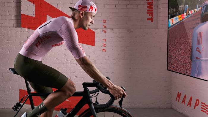 rider in MAAP jersey riding virtually in Zwift game