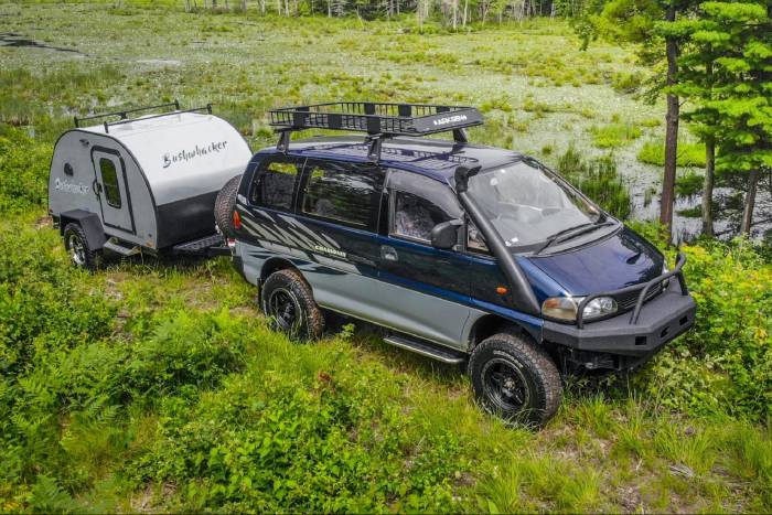 Mitsubishi Delica and Bushwacker teardrop camper;