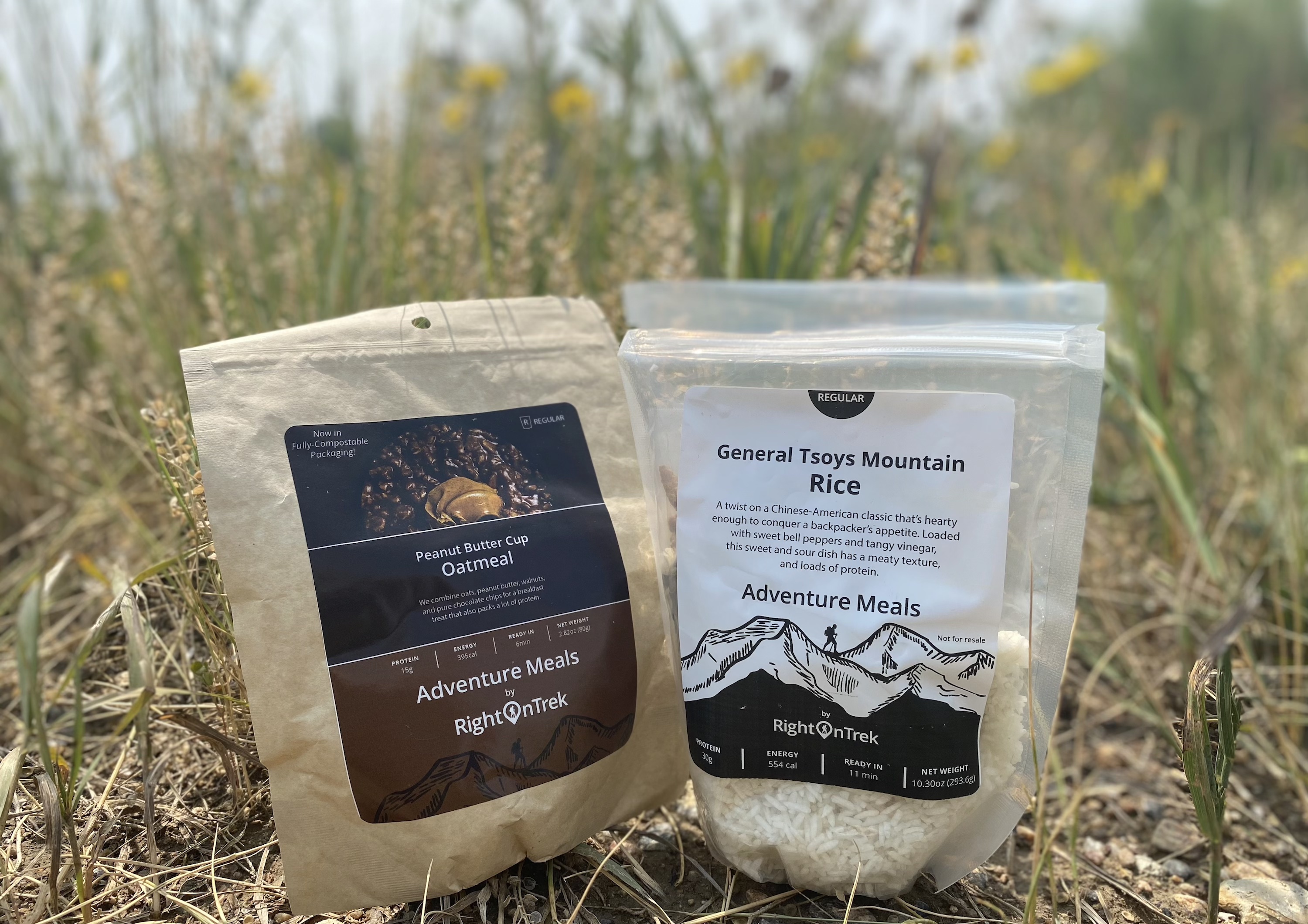 two RightOn Trek backpacking meals, an oatmeal breakfast and an rice entree in their packaging