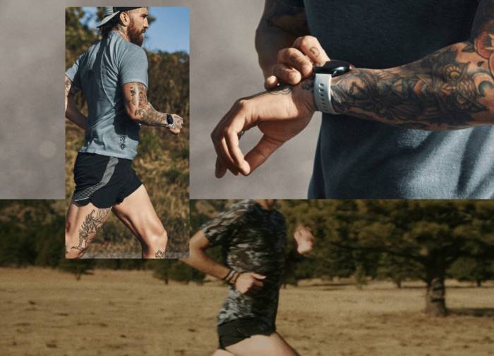 collage of a runner with tattoos in shorts running and checking watch on wrist