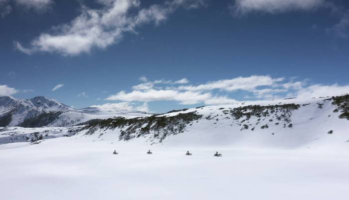 a group of four people on snowmobiles spread out over a snowy landscape