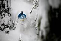 Cody Townsend skiing and taking air at Mt Baker, WA